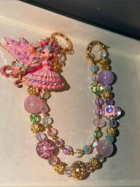 Pink Fairy Beaded Bag Charm and Strap Gold Hardware